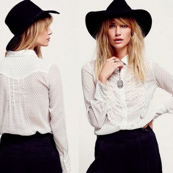 Free People Tops - Free People White Sheer Chiffon Tuxedo Ruffle Polka Dot Long Sleeve Top L